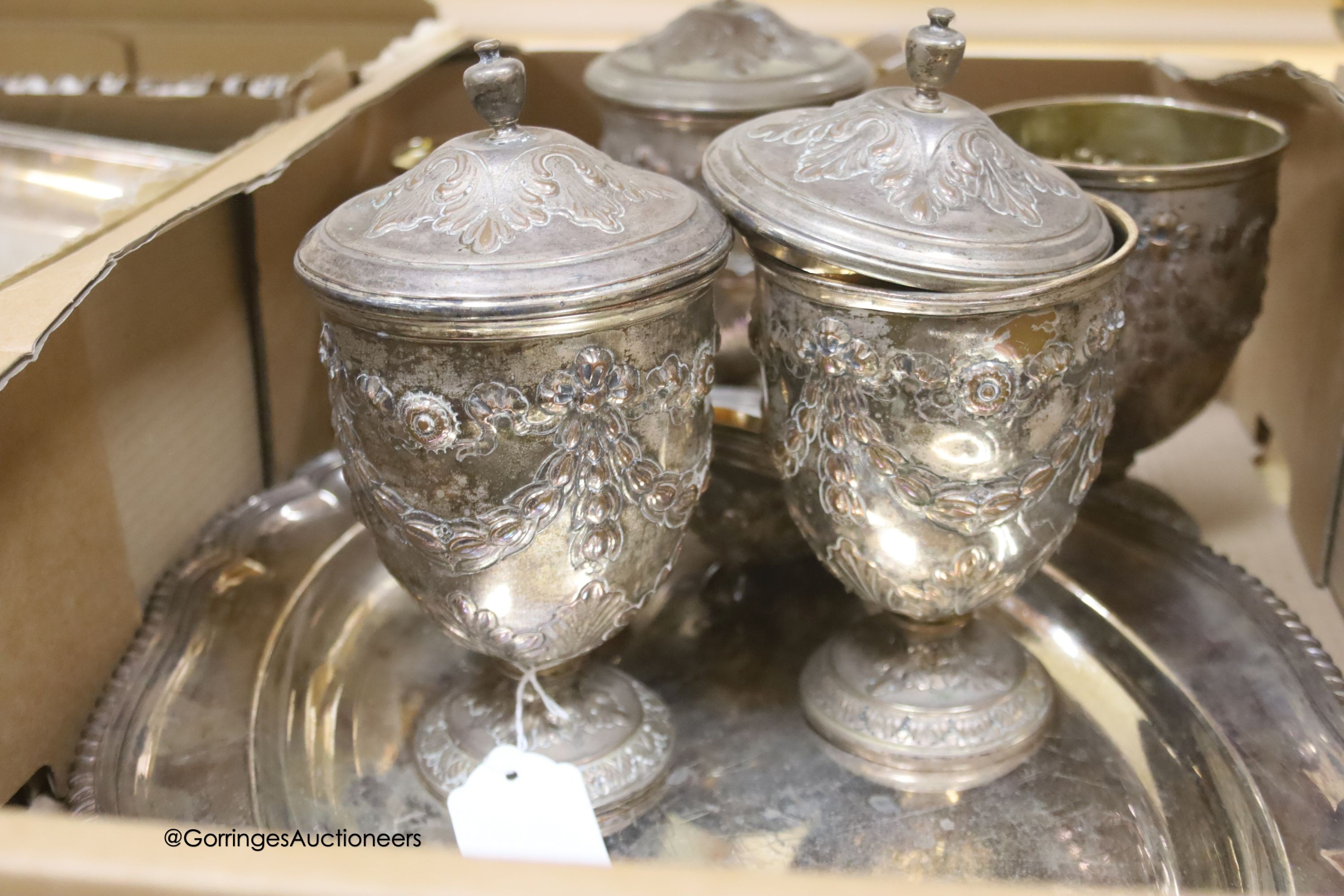 A pair of Sheffield Plate telescopic candlesticks and a quantity of plated wares